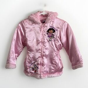 VTG Y2K Dora The Explorer Boots Satin Faux Fur Hooded Fleece Pink Jacket Coat 5T